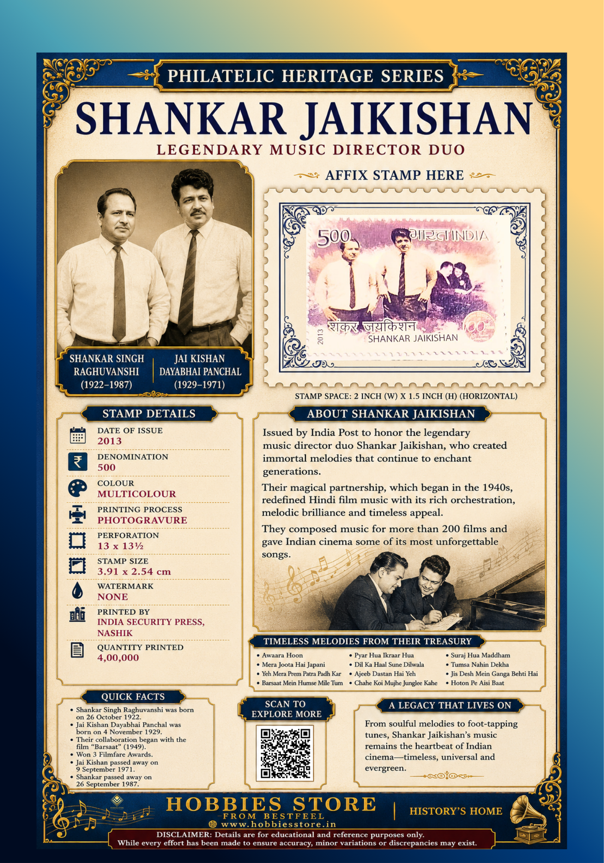 Shankar Jaikishan 2013 Commemorative Postage Stamp and Philatelic Heritage Series Display Card
