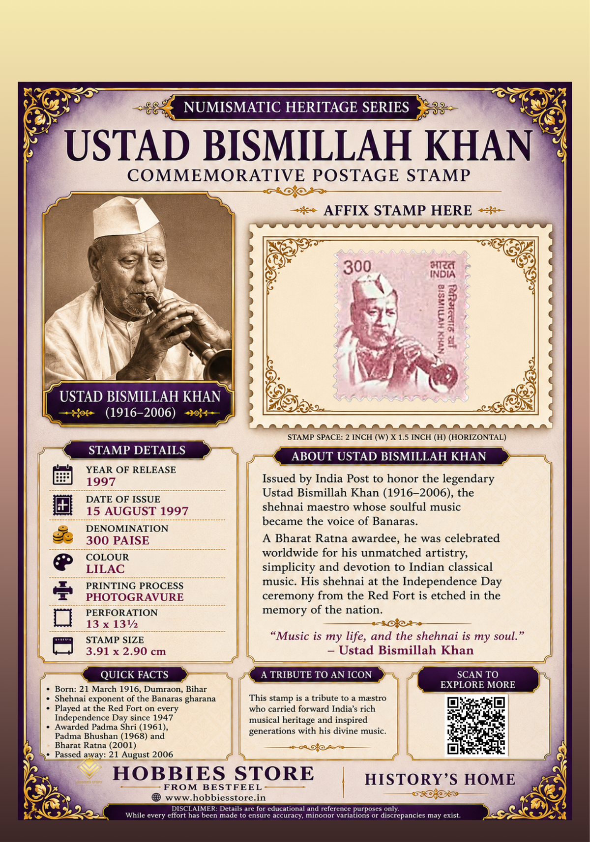 Ustad Bismillah Khan 1997 Commemorative Postage Stamp and Numismatic Heritage Series Display Card
