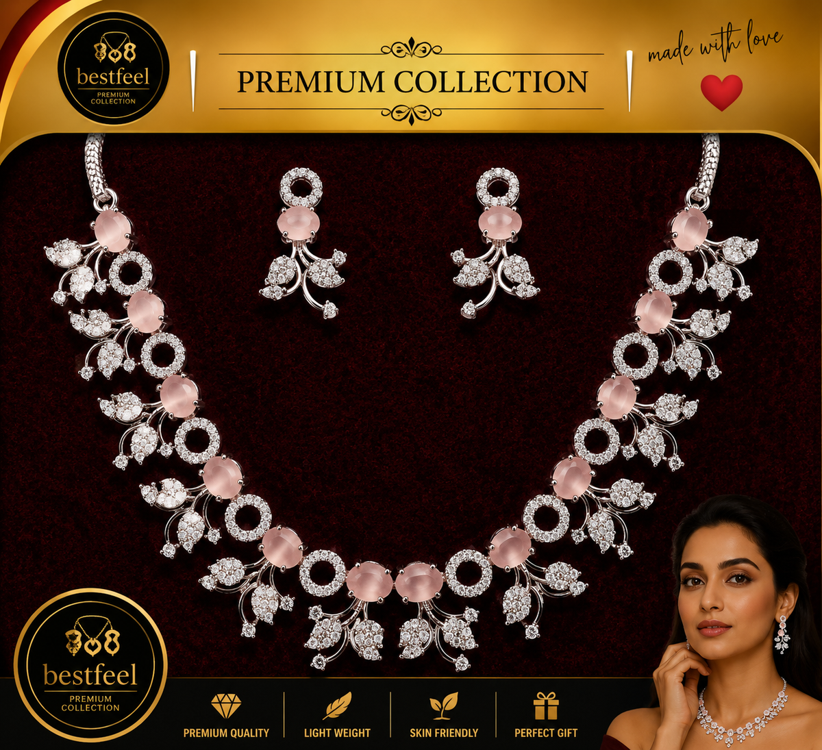 Bestfeel Premium American Diamond Pink Stone Necklace Set for Women | Elegant Silver-Tone Floral Leaf Necklace with Matching Earrings | Stylish Party, Festive & Wedding Wear Jewellery