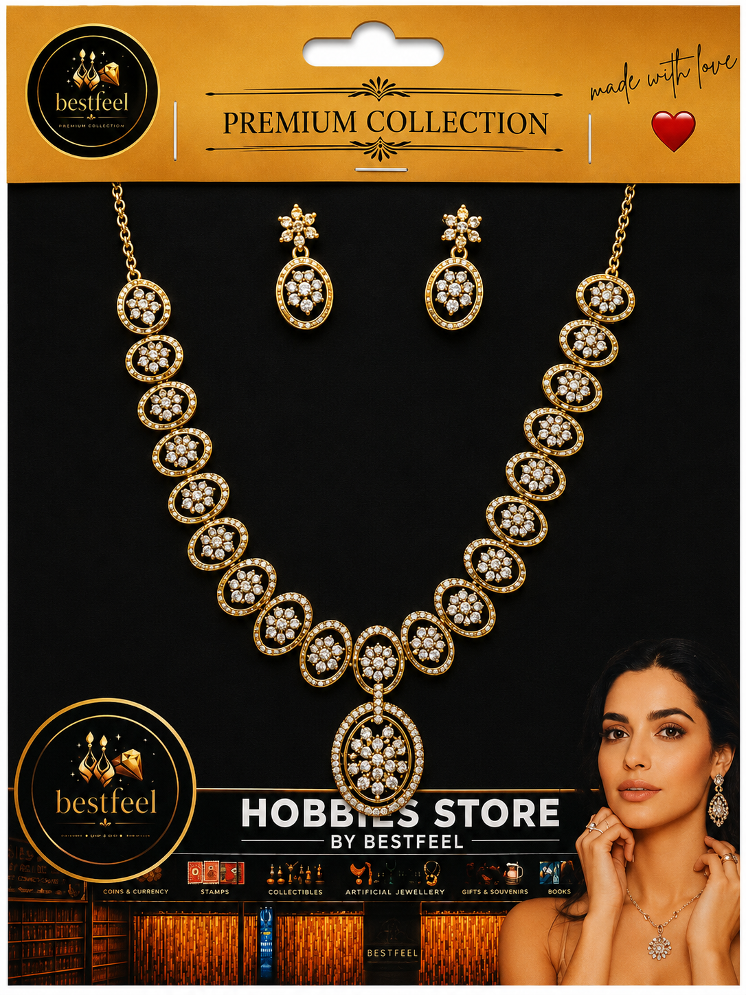 Bestfeel Premium American Diamond Gold-Tone Floral Necklace Set for Women | Elegant Oval-Link Necklace with Matching AD Earrings & Statement Pendant | Party, Festive & Wedding Wear