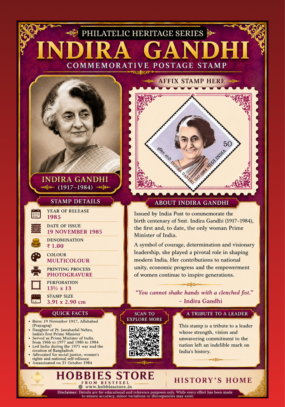Indira Gandhi 1985 Commemorative Postage Stamp and Philatelic Heritage Series Display Card