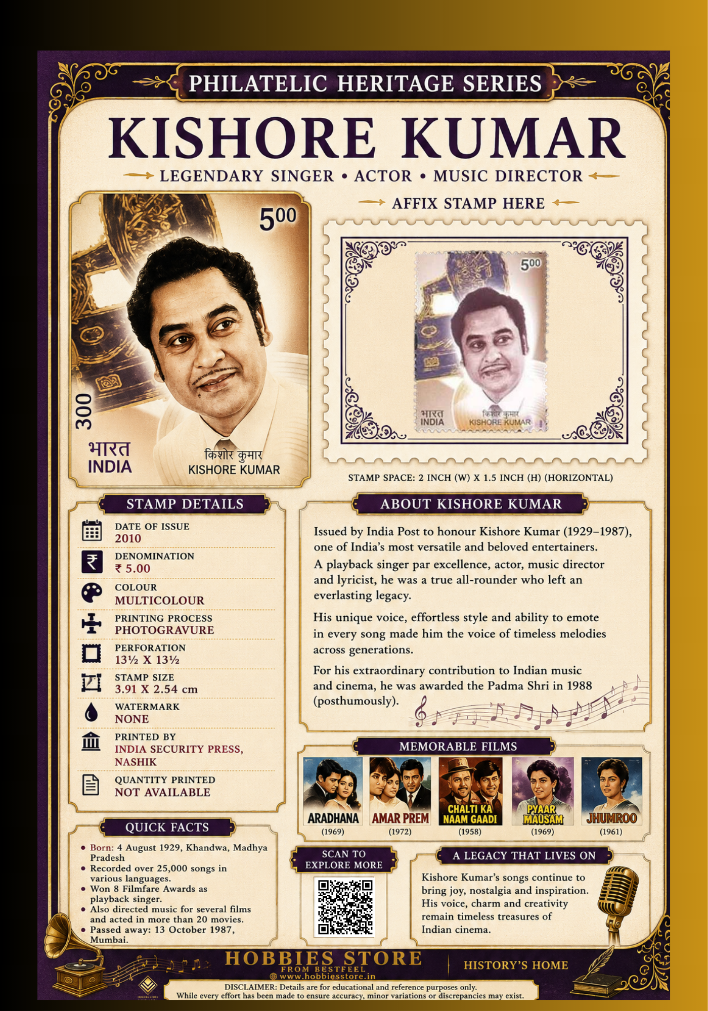 Kishore Kumar 2010 Commemorative Postage Stamp and Philatelic Heritage Series Display Card