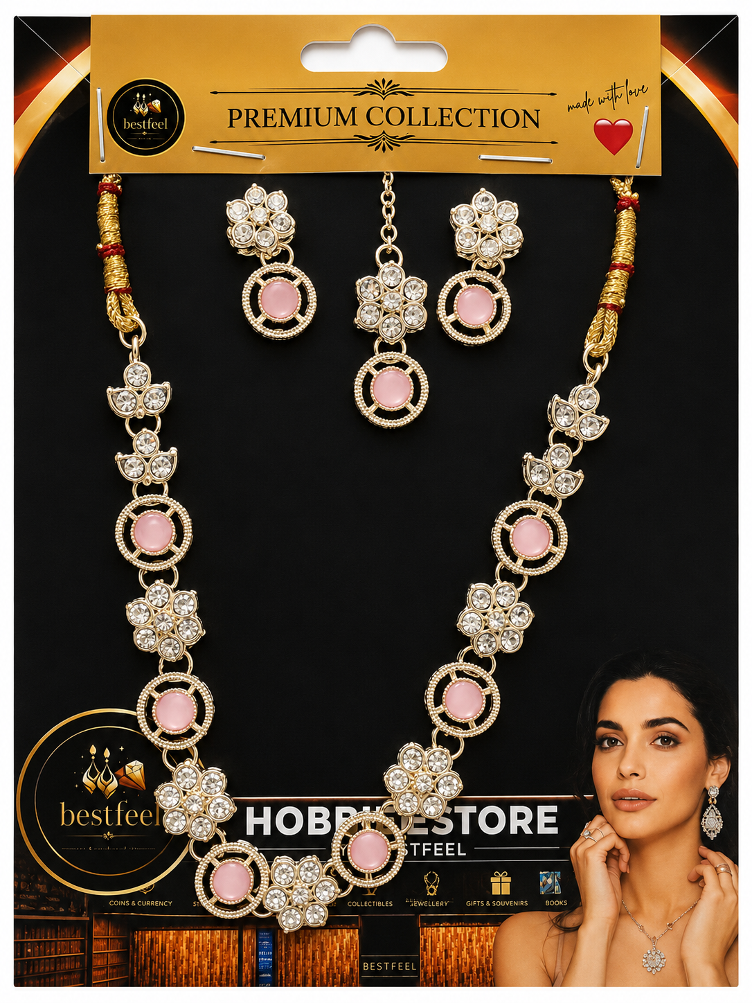 Bestfeel Premium Floral Pink Stone Jewellery Set for Women | Elegant Necklace with Matching Earrings & Maang Tikka | Festive, Party & Wedding Wear