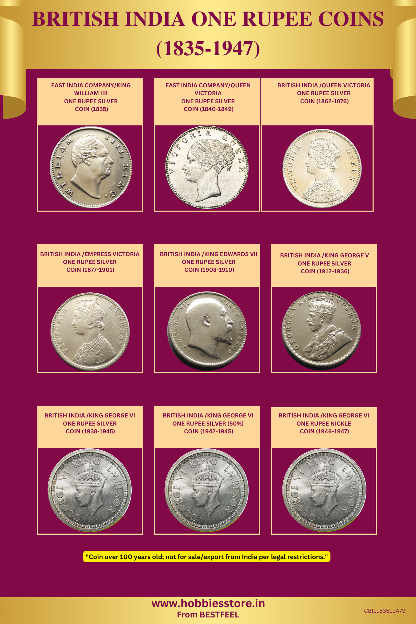 ALL ONE RUPEE COINS OF BRITISH INDIA COLLECTOR'S SET (9 silver coins) (Non-returnable)