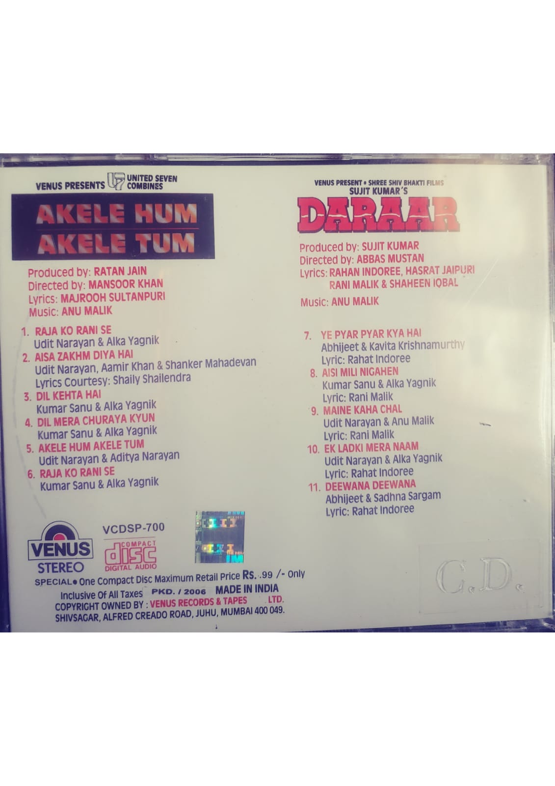 Akele Hum Akele Tum & Daraar Audio CD (never opened, original sealed pack, non-returnable)