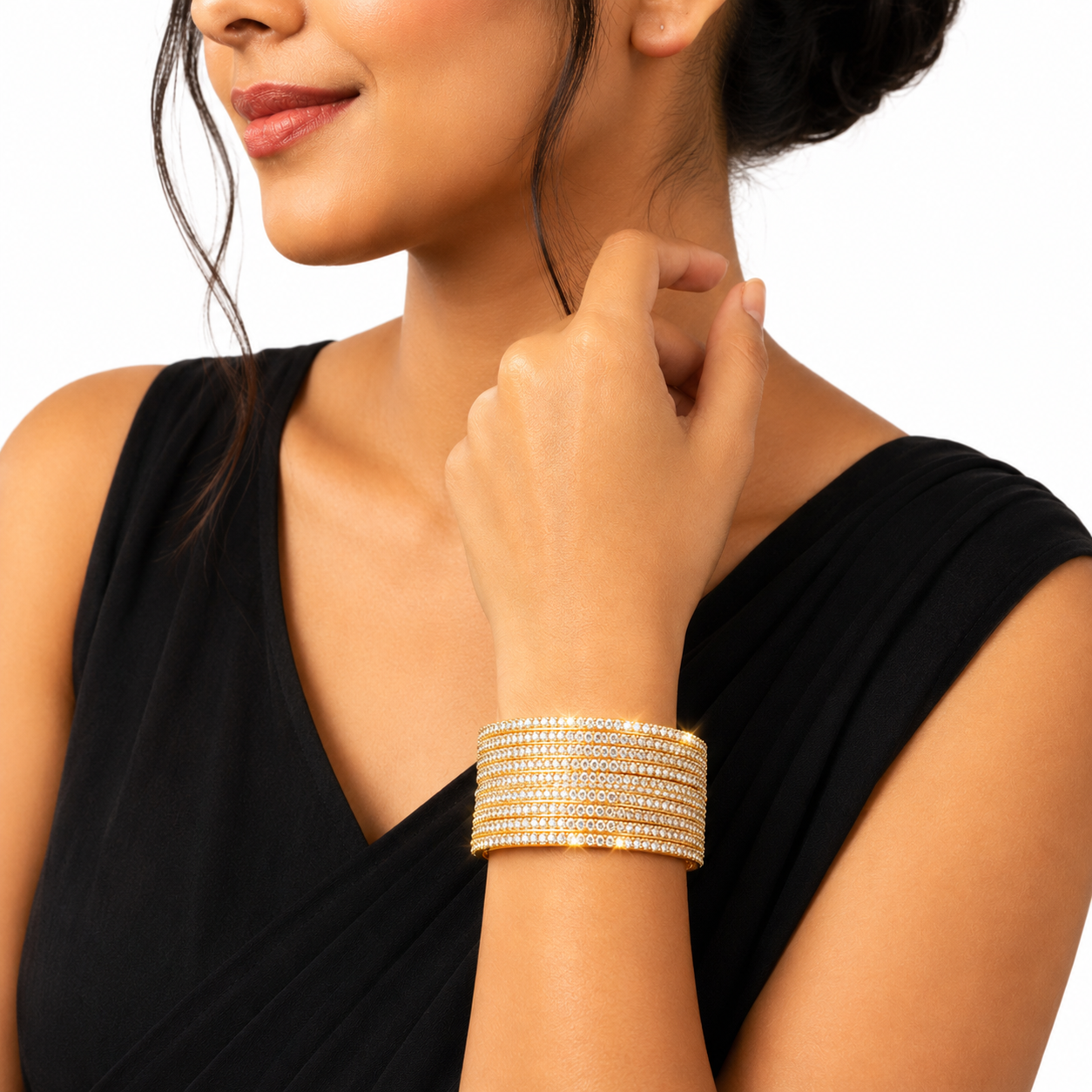 Elegant Gold-Tone & Mehndi tone Crystal Studded Bangles Set for Women | Slim Designer Stackable Bangles | Wedding, Festive & Traditional Fashion Jewellery