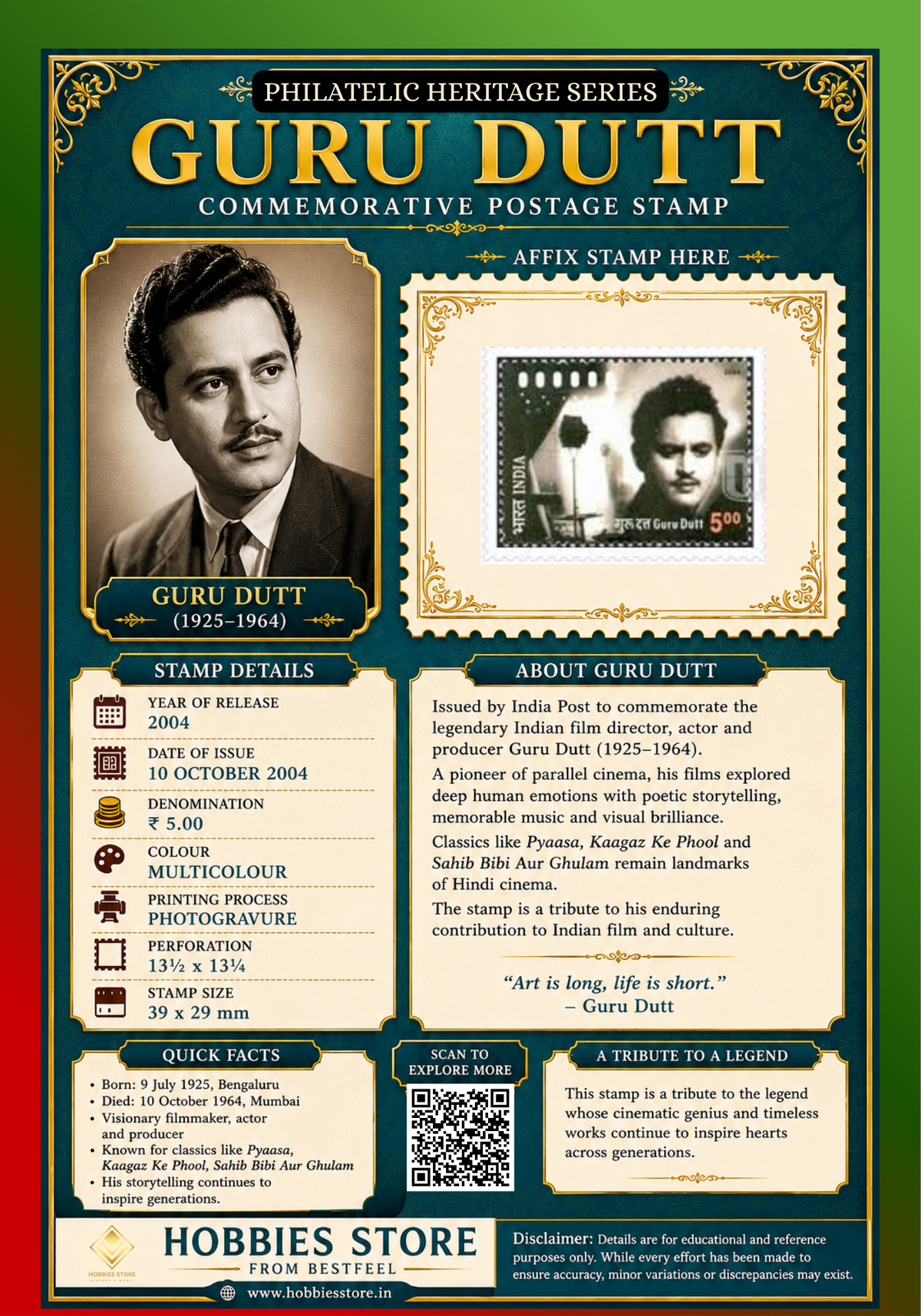 Guru Dutt 2004 Commemorative Postage Stamp and Philatelic Heritage Series Display Card