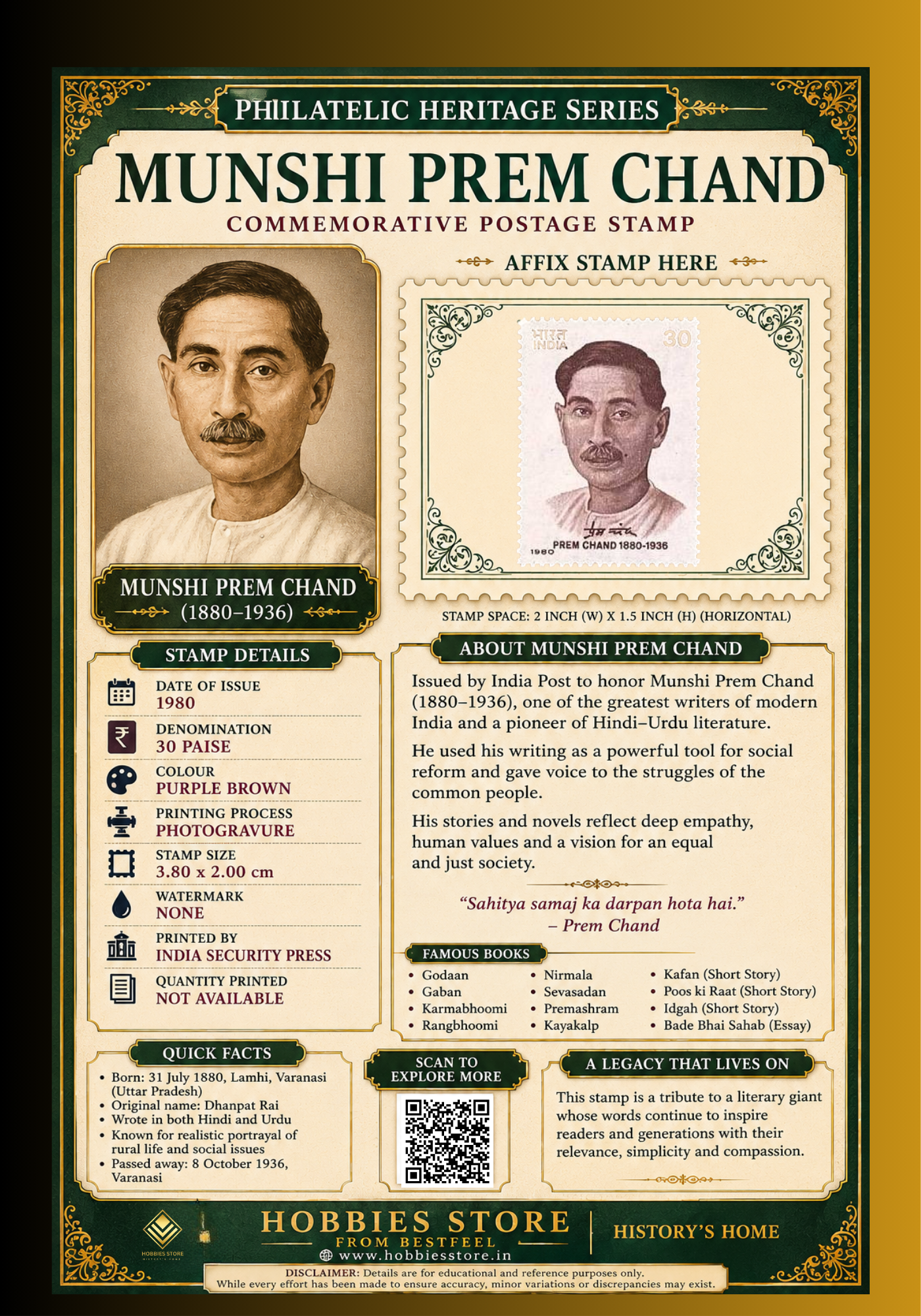 Munshi Prem Chand 1980 Commemorative Postage Stamp and Philatelic Heritage Series Display Card