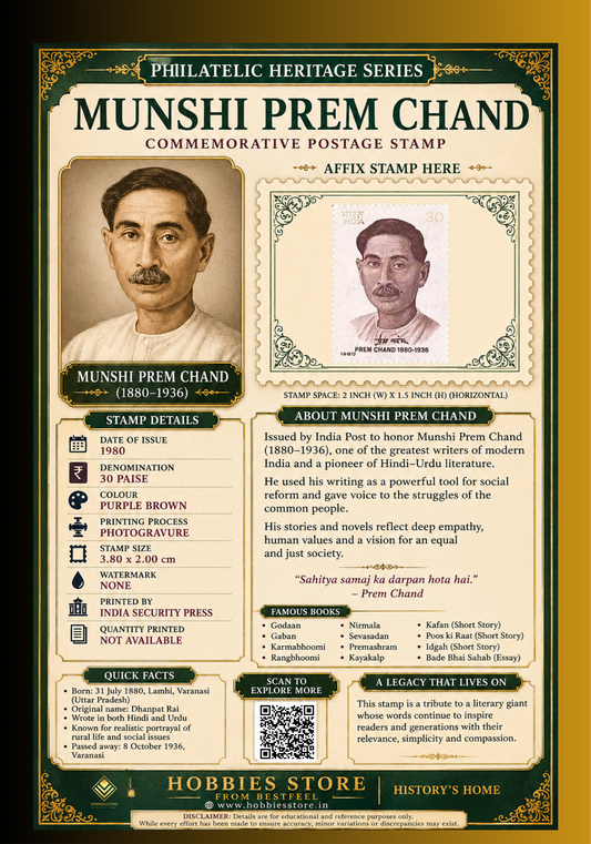Munshi Prem Chand 1980 Commemorative Postage Stamp and Philatelic Heritage Series Display Card