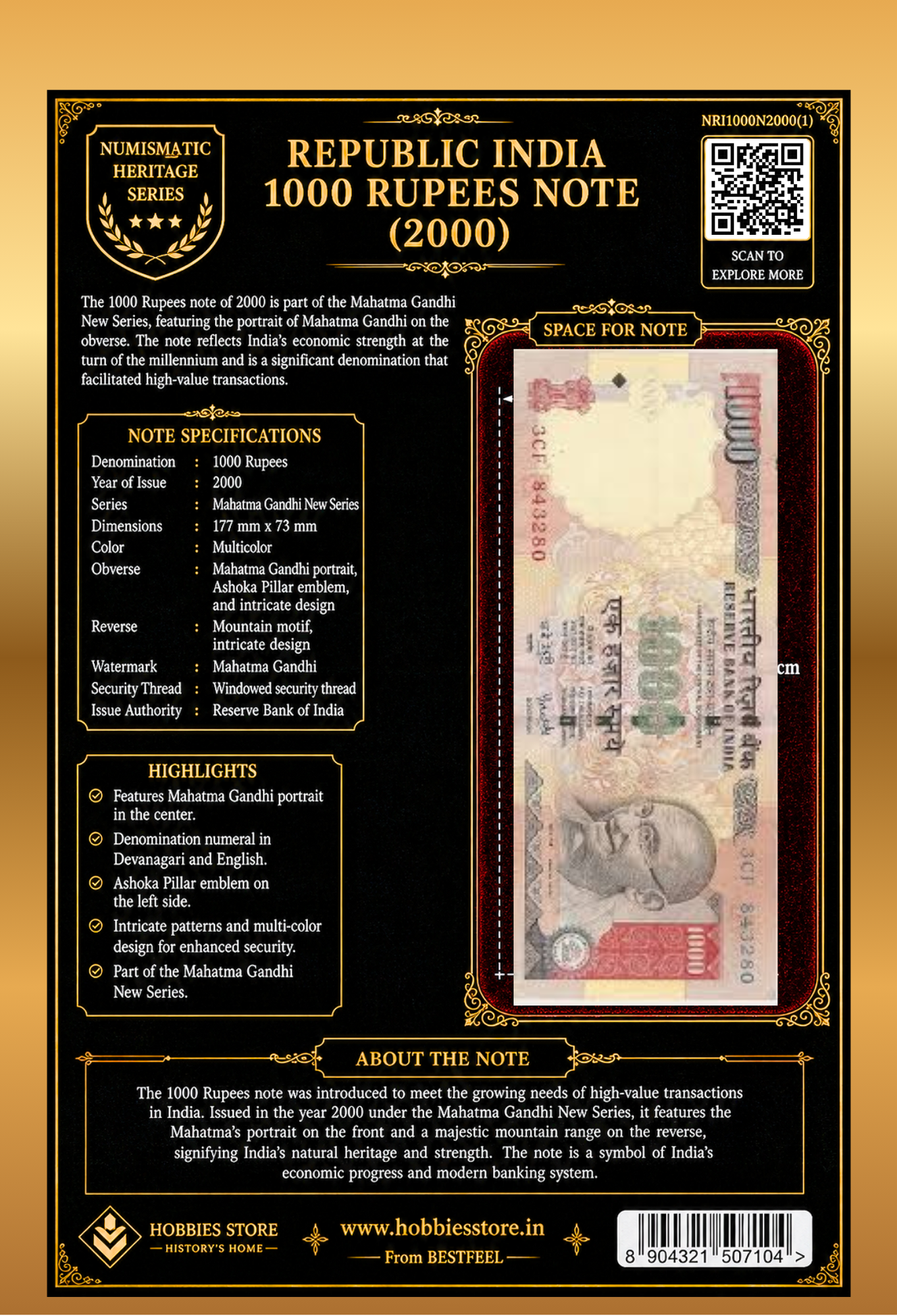 Republic India ₹1000 Rupees Currency Note 2000 – Mahatma Gandhi New Series | Numismatic Heritage Collector’s Edition