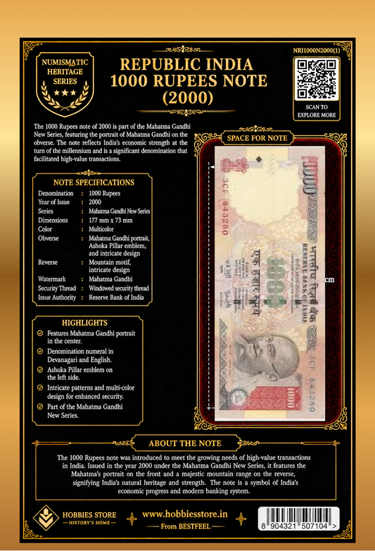 Republic India ₹1000 Rupees Currency Note 2000 – Mahatma Gandhi New Series | Numismatic Heritage Collector’s Edition