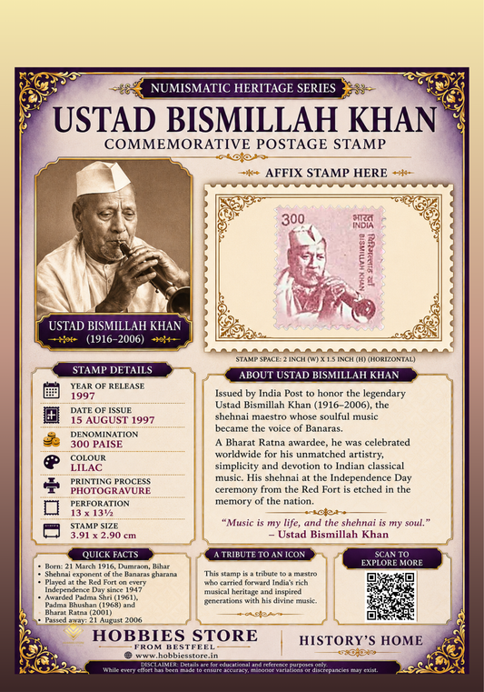 Ustad Bismillah Khan 1997 Commemorative Postage Stamp and Numismatic Heritage Series Display Card