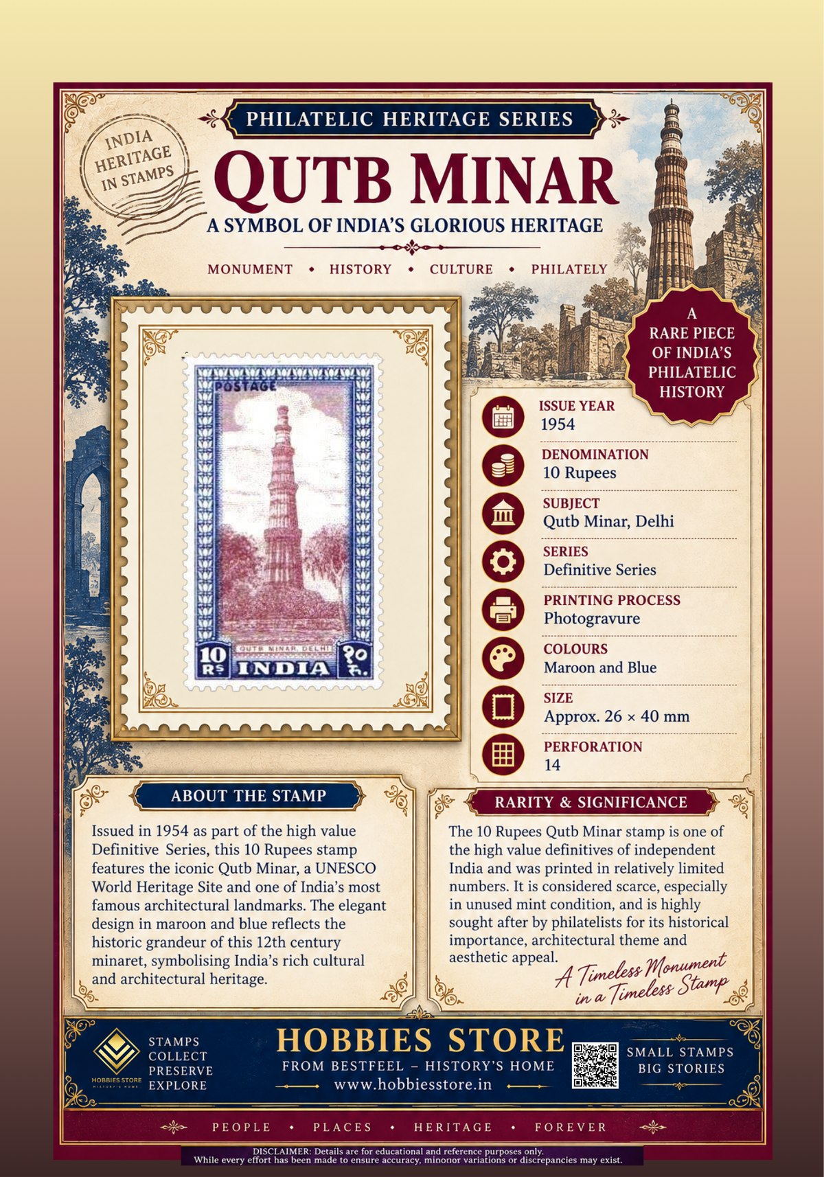 Rare 1954 India Qutb Minar ₹10 Stamp – High Value Definitive Issue | Philatelic Heritage Series Collector’s Edition