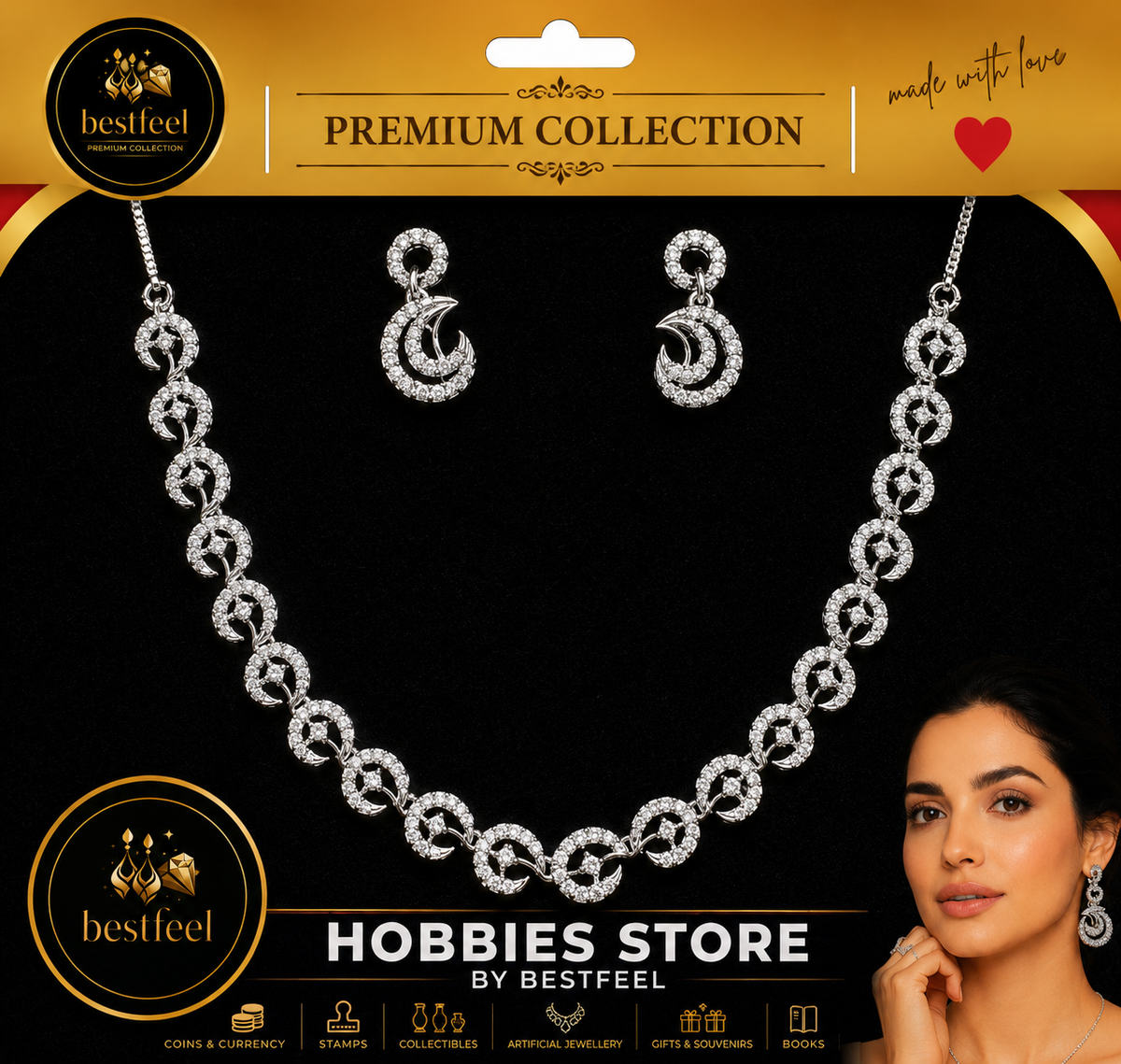 Bestfeel Premium American Diamond Silver-Tone Necklace Set for Women | Elegant Crescent Link Necklace with Matching Crescent Earrings | Stylish Party, Festive & Wedding Wear Jewellery