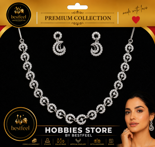 Bestfeel Premium American Diamond Silver-Tone Necklace Set for Women | Elegant Crescent Link Necklace with Matching Crescent Earrings | Stylish Party, Festive & Wedding Wear Jewellery