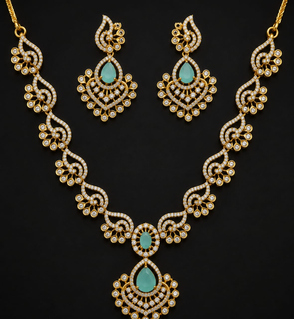 Gold-Plated American Diamond Necklace Set with Earrings | Bridal Jewellery
