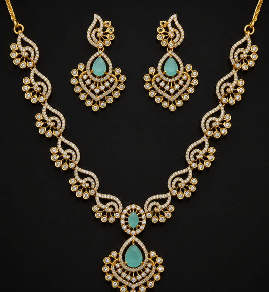 Gold-Plated American Diamond Necklace Set with Earrings | Bridal Jewellery