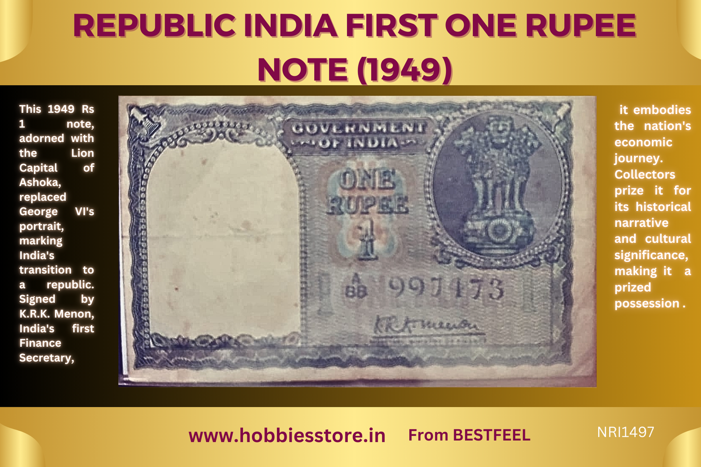 Republic India First One Rupee Note (1949), (VERY RARE) (Non-returnable)