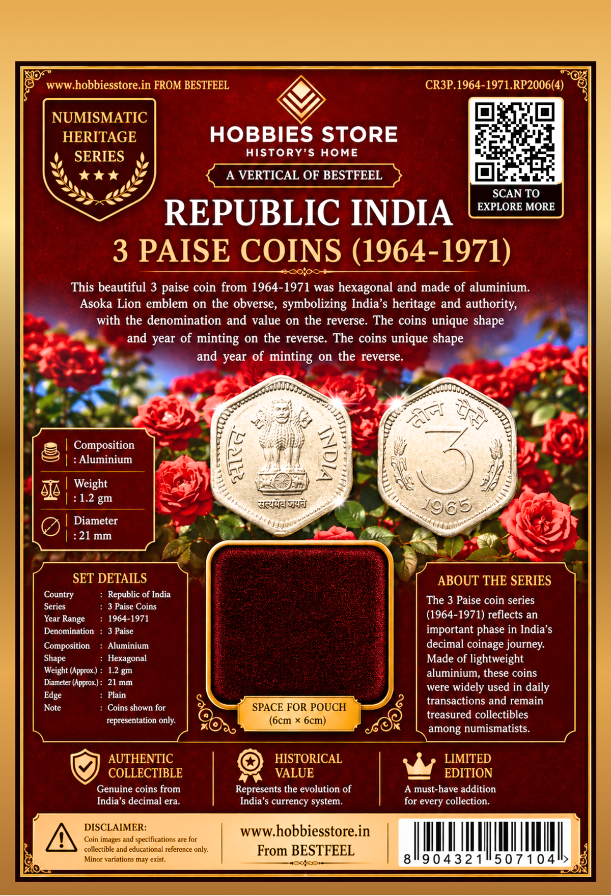 Republic India Three (3) Paise Coin Collector's Set ( 1964-1971)