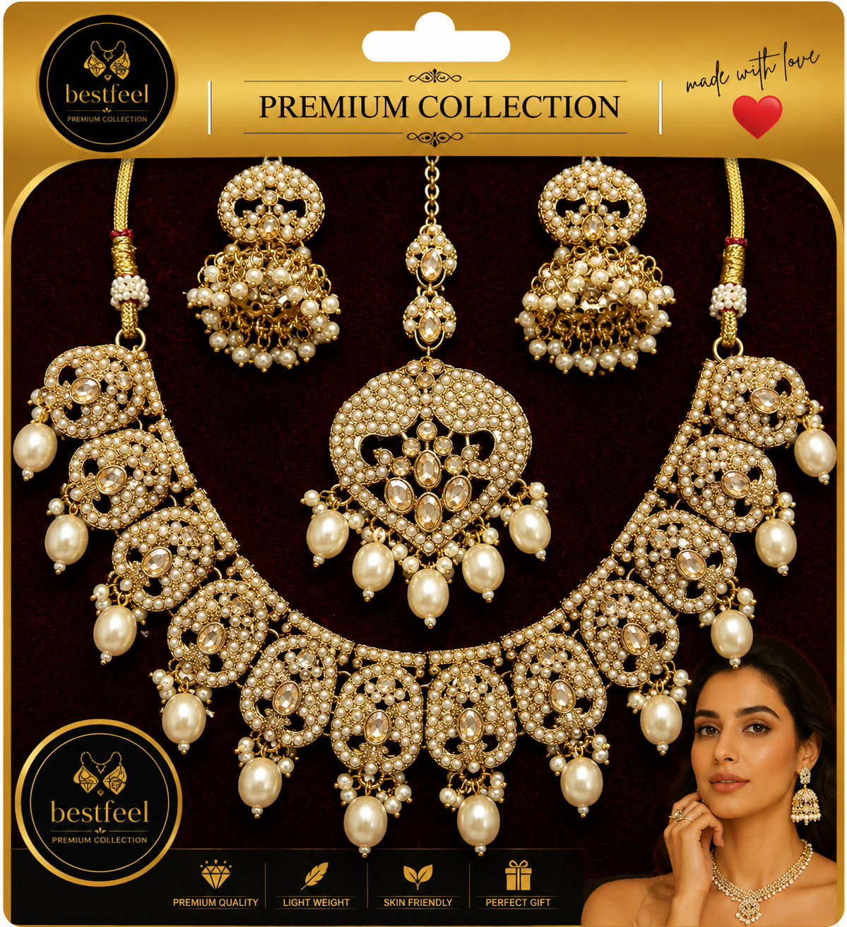 Bestfeel Premium Kundan-Style American Diamond Pearl Necklace Set for Women | Traditional Gold-Tone Bridal Necklace with Matching Jhumka Earrings & Maang Tikka | Wedding, Festive & Party Wear Jewellery