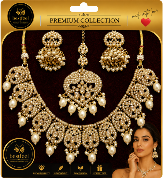 Bestfeel Premium Kundan-Style American Diamond Pearl Necklace Set for Women | Traditional Gold-Tone Bridal Necklace with Matching Jhumka Earrings & Maang Tikka | Wedding, Festive & Party Wear Jewellery