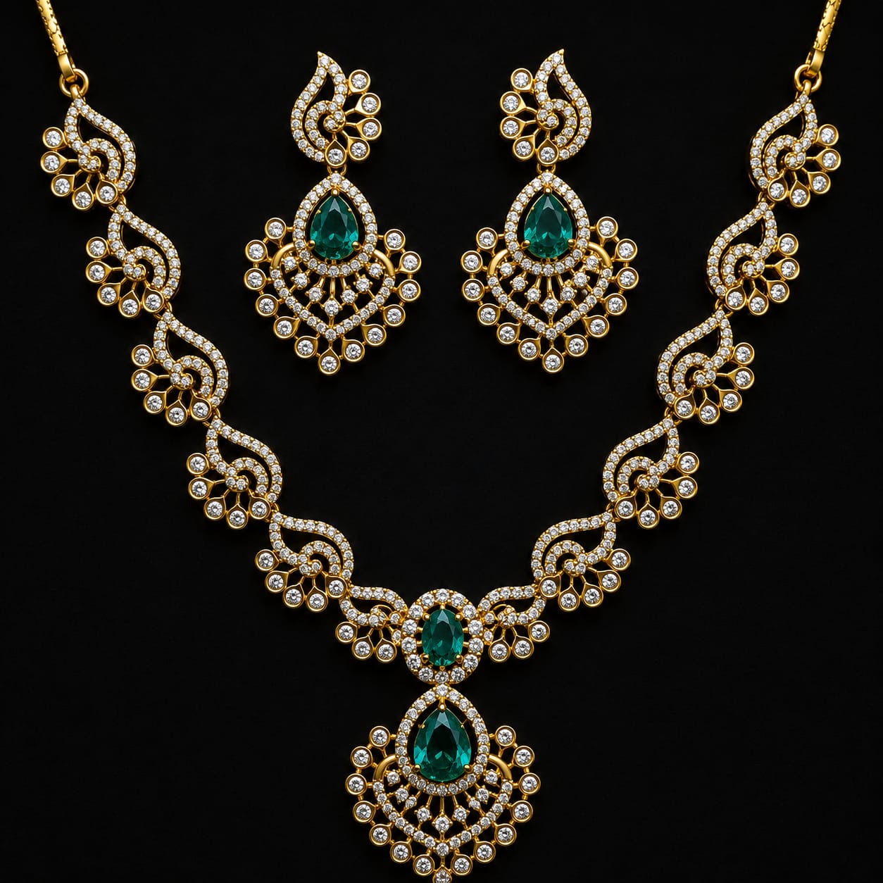 Gold-Plated American Diamond Necklace Set with Earrings | Bridal Jewellery