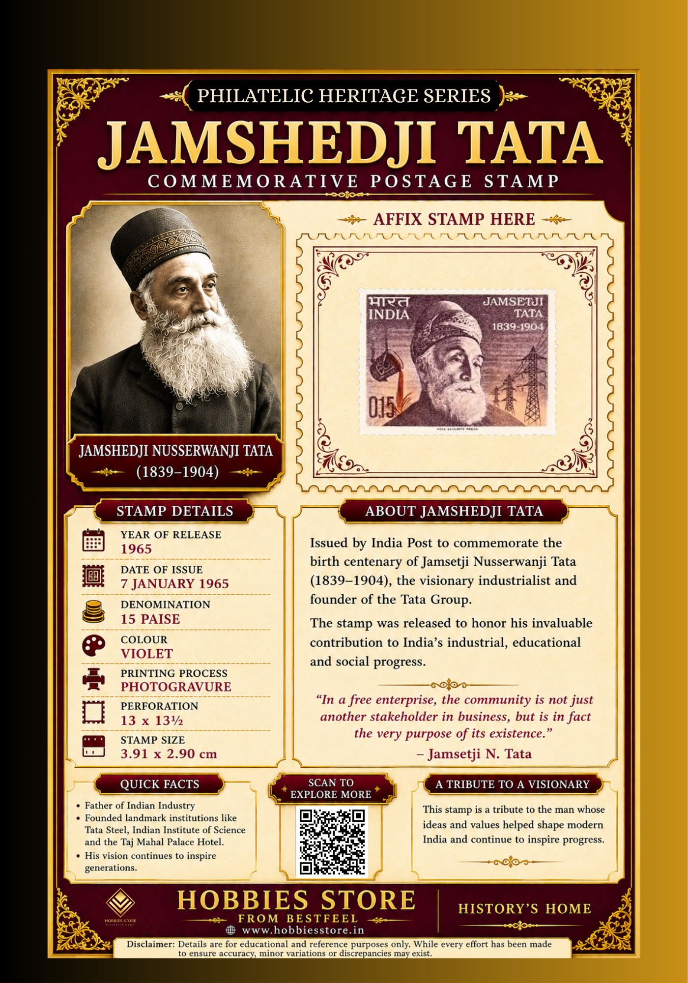 Jamsetji Tata 1965 Commemorative Postage Stamp and Philatelic Heritage Series Display Card