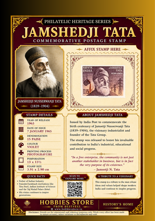 Jamsetji Tata 1965 Commemorative Postage Stamp and Philatelic Heritage Series Display Card