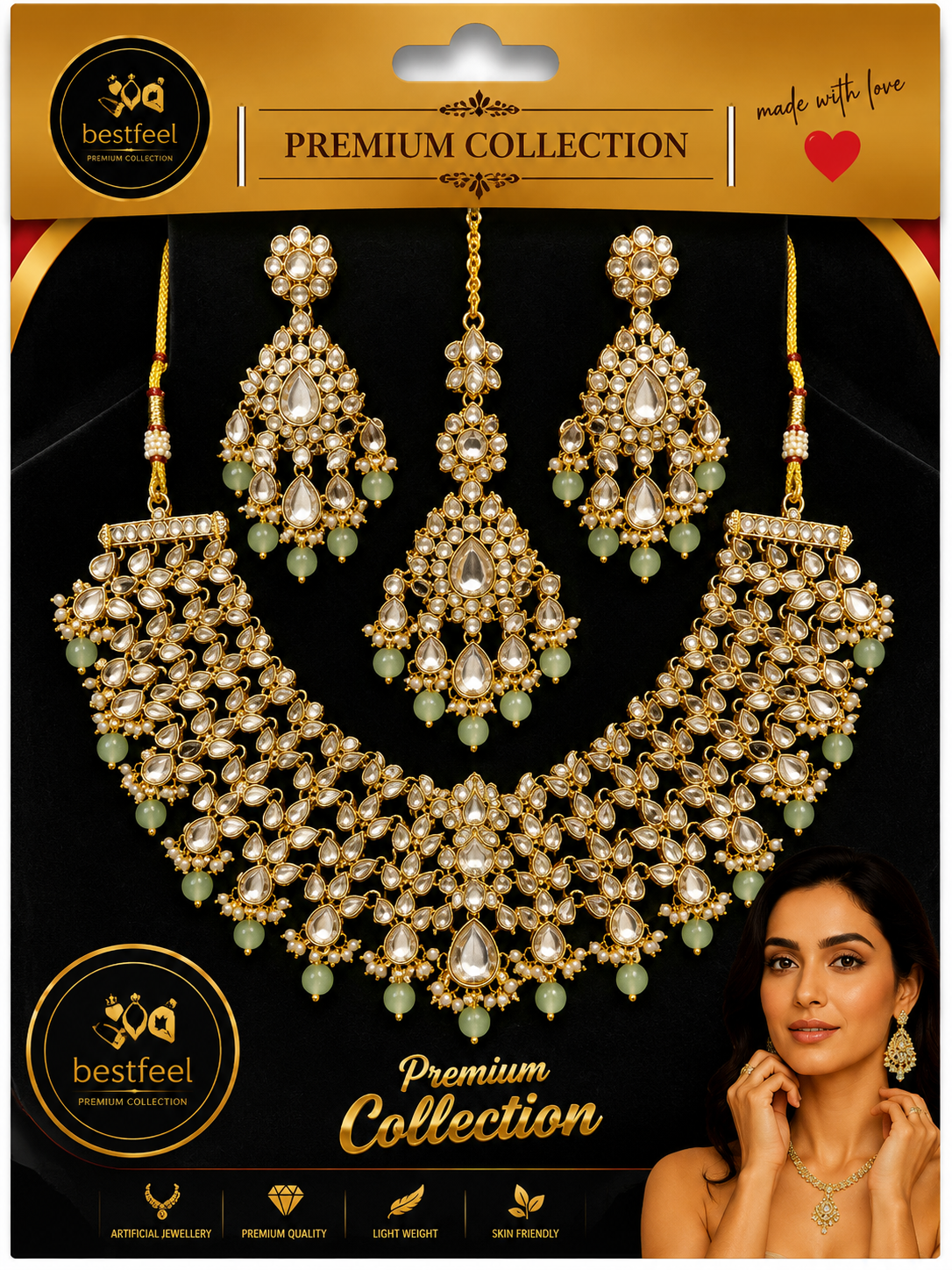 Bestfeel Premium Bridal Kundan-Style American Diamond Necklace Set for Women | Traditional Gold-Tone Choker with Matching Earrings & Maang Tikka | Green Bead Festive & Wedding Jewellery