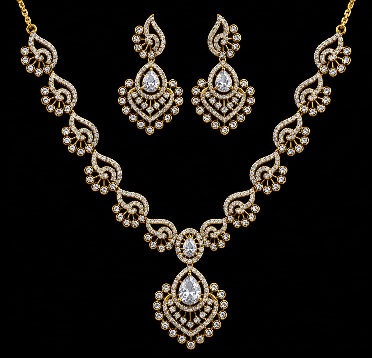 Gold-Plated American Diamond Necklace Set with Earrings | Bridal Jewellery