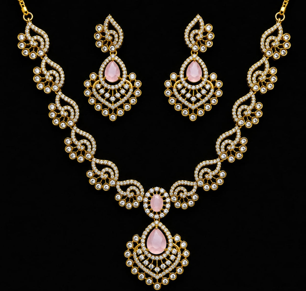 Gold-Plated American Diamond Necklace Set with Earrings | Bridal Jewellery