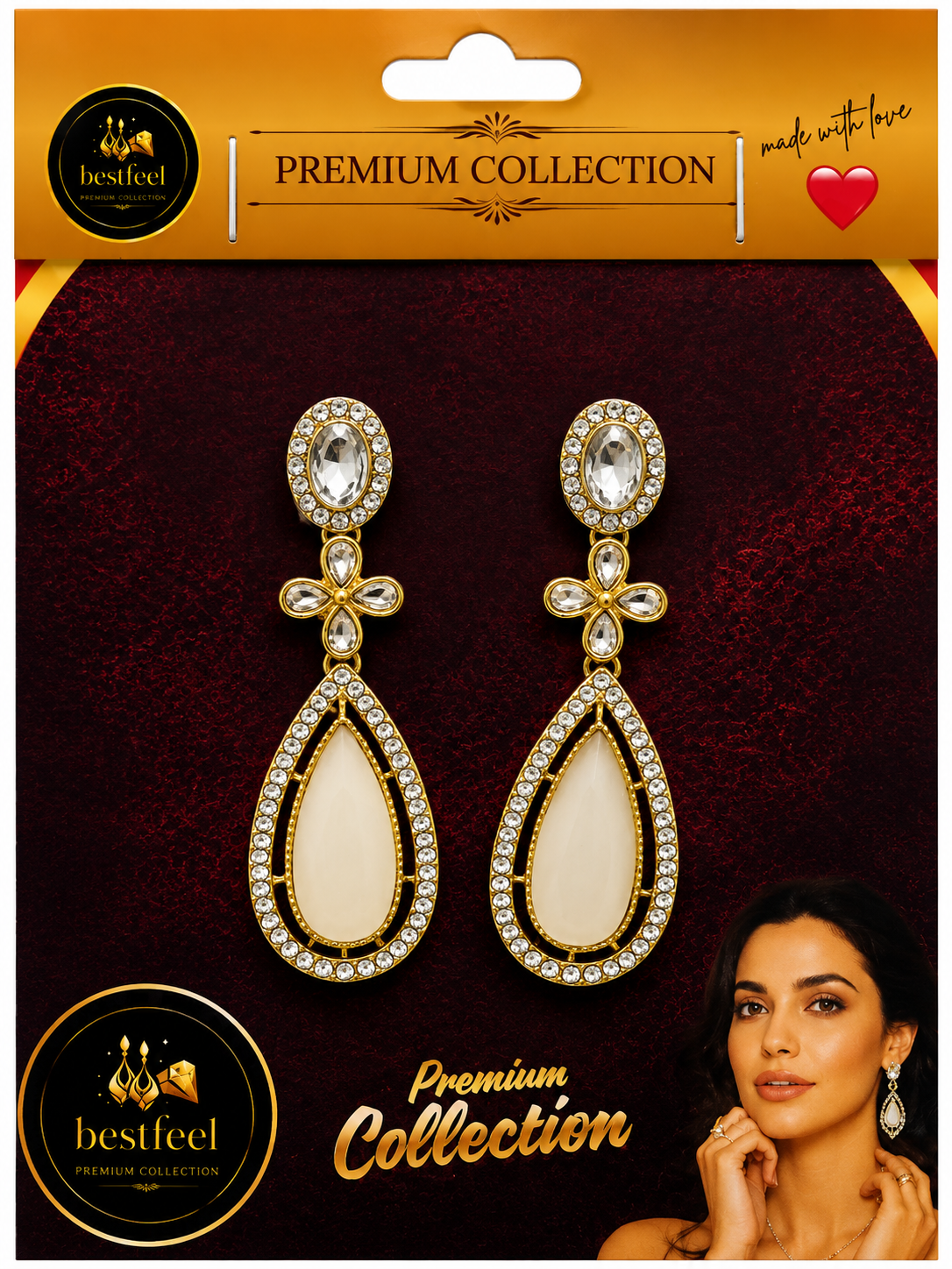 Bestfeel Premium Gold-Tone American Diamond Drop Earrings for Women | Elegant Oval Teardrop Statement Earrings with Floral Design | Party, Festive & Wedding Wear Jewellery
