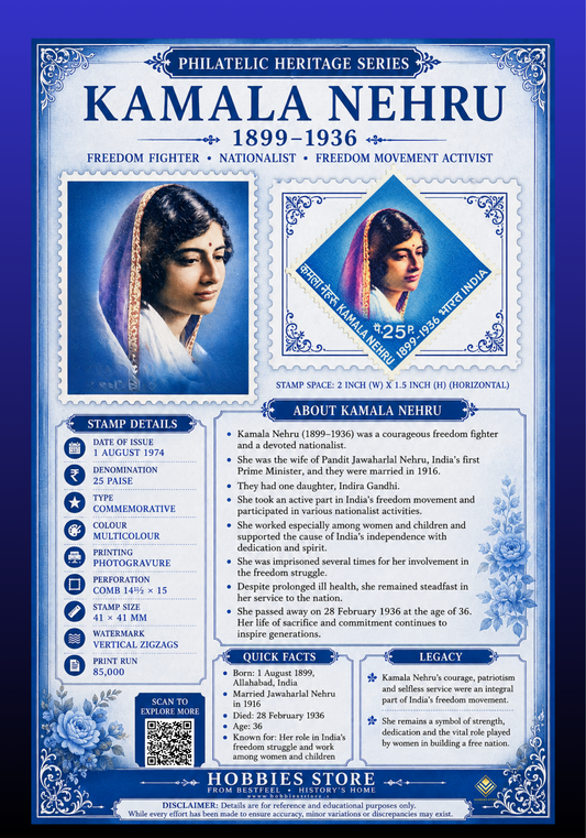 Kamala Nehru 1974 Commemorative Postage Stamp and Philatelic Heritage Series Display Card