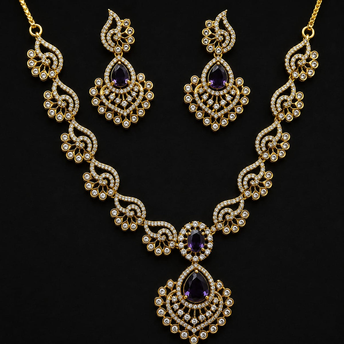 Gold-Plated American Diamond Necklace Set with Earrings | Bridal Jewellery