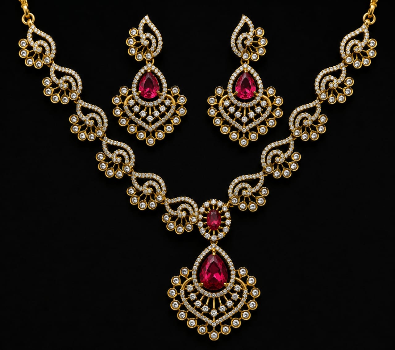 Gold-Plated American Diamond Necklace Set with Earrings | Bridal Jewellery | Red