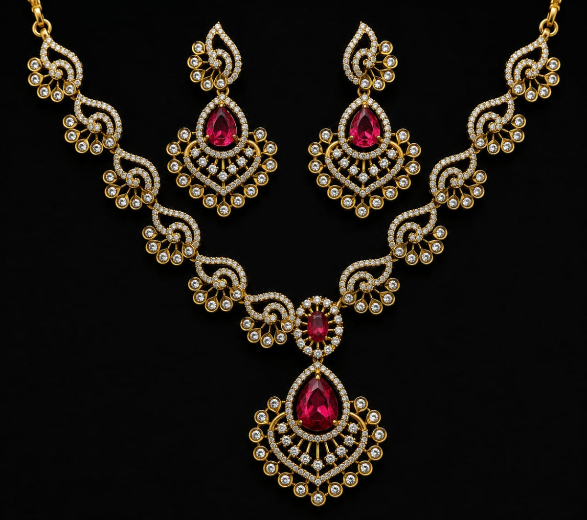 Gold-Plated American Diamond Necklace Set with Earrings | Bridal Jewellery