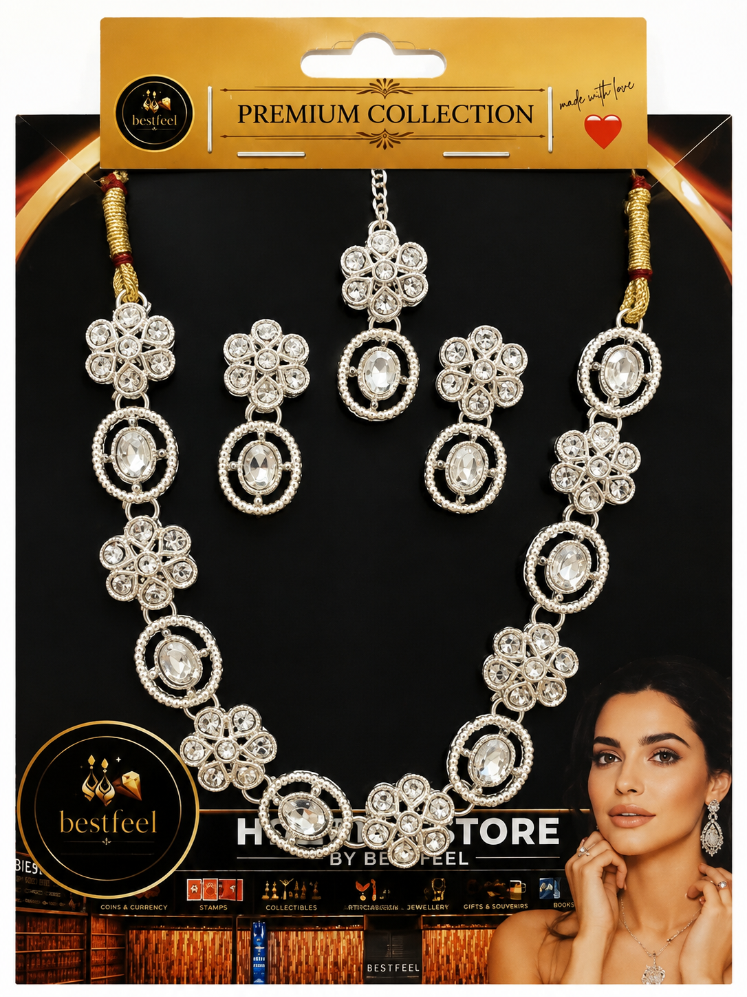 Bestfeel Premium Silver-Tone Crystal Necklace Set for Women | Elegant Floral Link Necklace with Matching Earrings | Party, Festive & Wedding Wear Jewellery