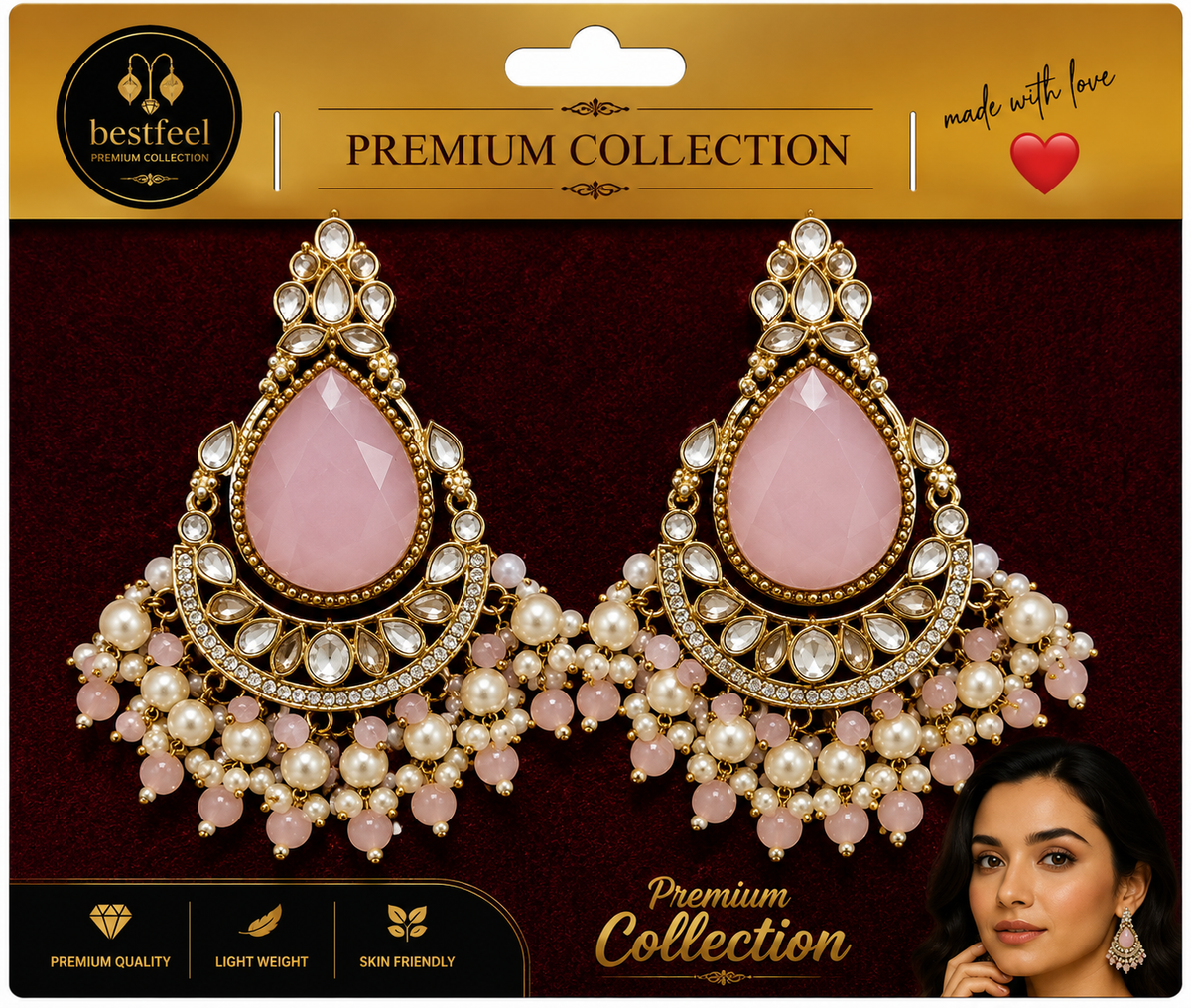 Bestfeel Premium American Diamond Pink Stone Earrings for Women | Elegant Gold-Tone Teardrop Earrings with Pearl & Pink Bead Detailing | Party, Festive & Wedding Wear Jewellery