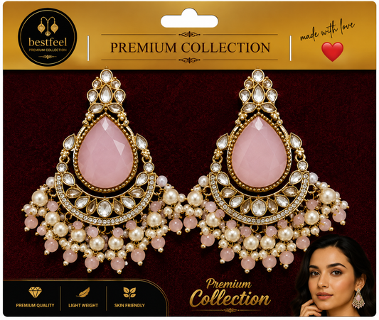 Bestfeel Premium American Diamond Pink Stone Earrings for Women | Elegant Gold-Tone Teardrop Earrings with Pearl & Pink Bead Detailing | Party, Festive & Wedding Wear Jewellery