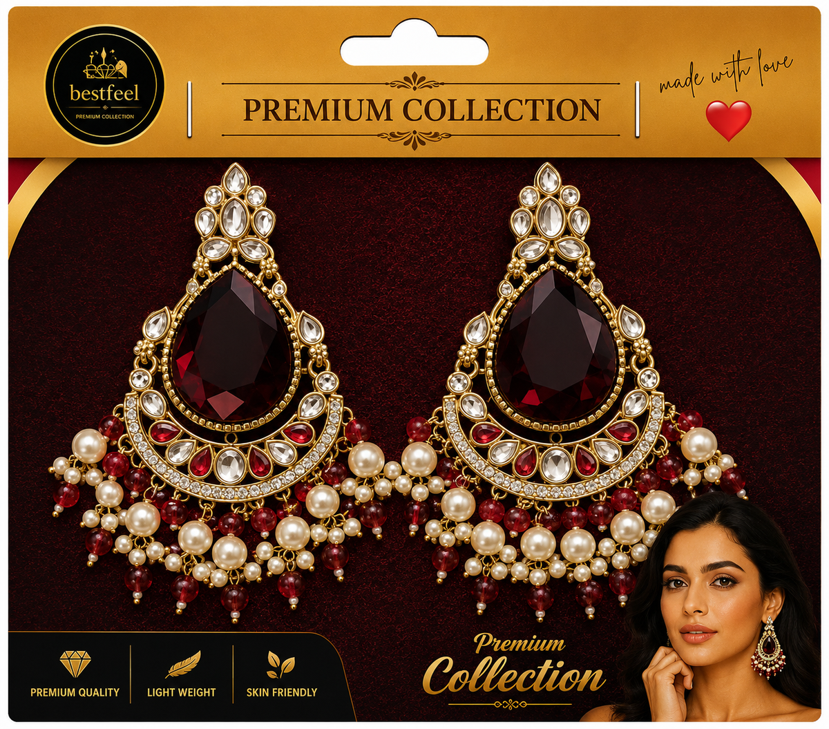 Bestfeel Premium American Diamond Teardrop Earrings for Women | Elegant Gold-Tone Statement Earrings with Deep Red Stone & Pearl Bead Detailing | Party, Festive & Wedding Wear Jewellery
