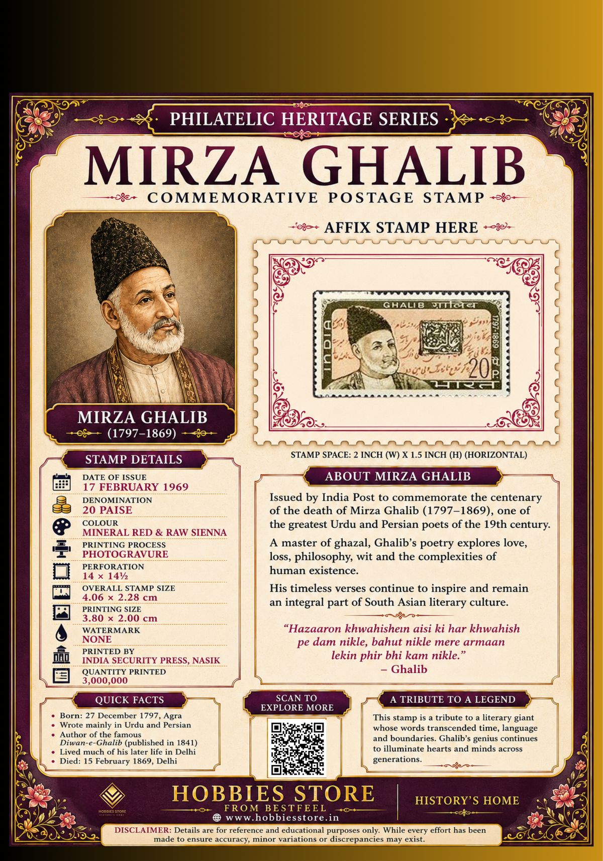 Mirza Ghalib 1969 Commemorative Postage Stamp and Philatelic Heritage Series Display Card