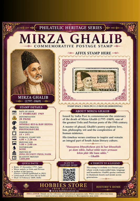 Mirza Ghalib 1969 Commemorative Postage Stamp and Philatelic Heritage Series Display Card
