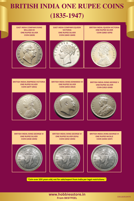 ALL ONE RUPEE COINS OF BRITISH INDIA COLLECTOR'S SET (9 silver coins) (Non-returnable)