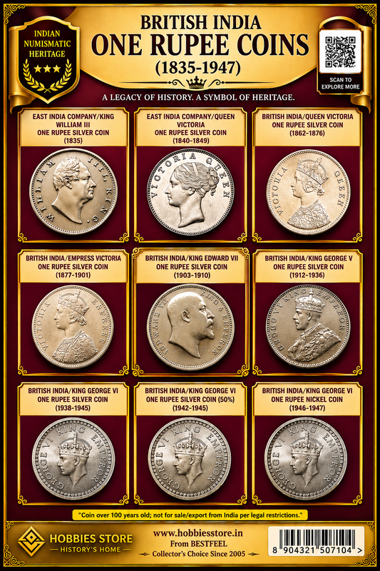 ALL ONE RUPEE COINS OF BRITISH INDIA COLLECTOR'S SET (9 silver coins)