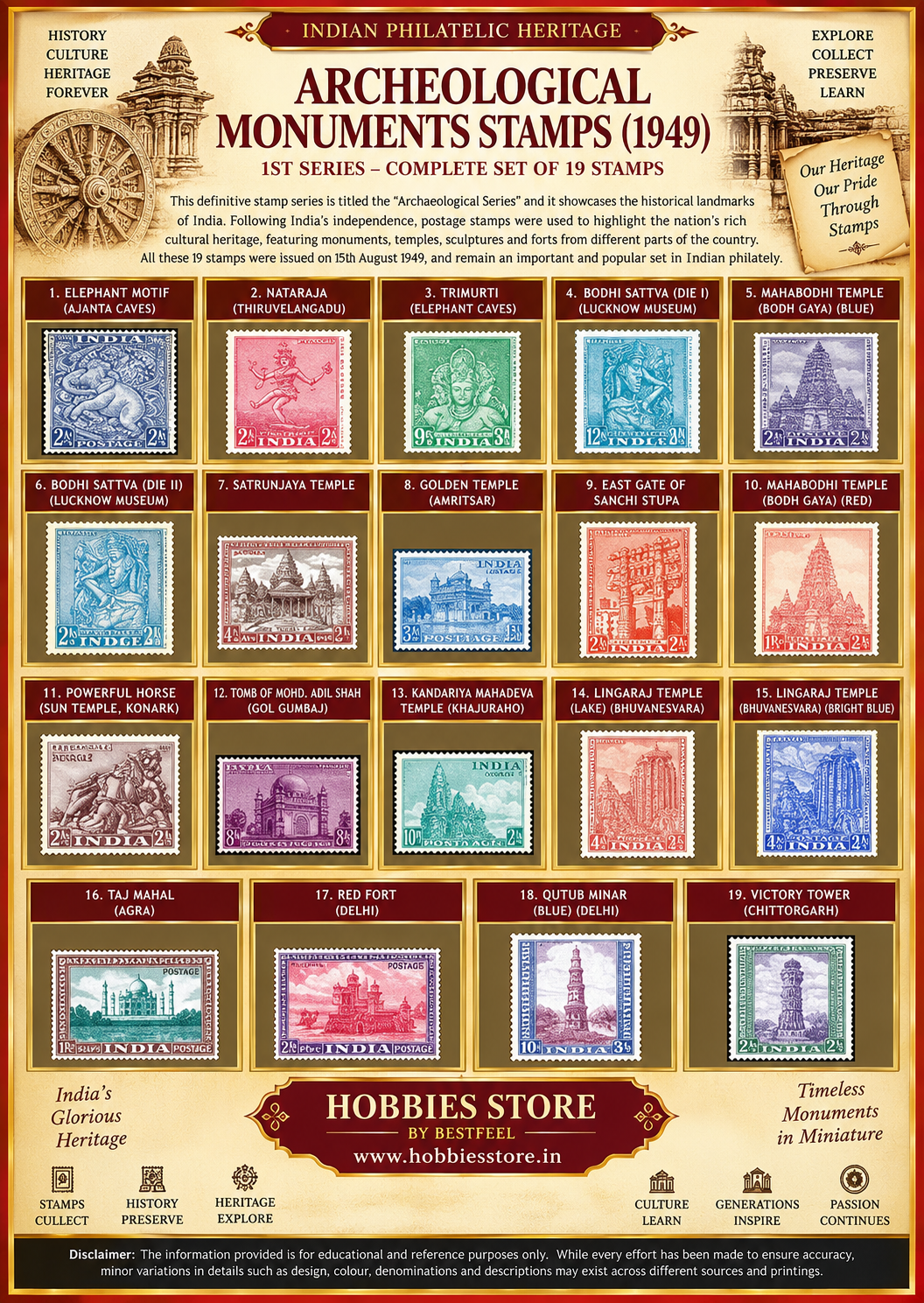 Archeological Monuments Stamps (1949) (Complete set of 19 stamps) (Rare)