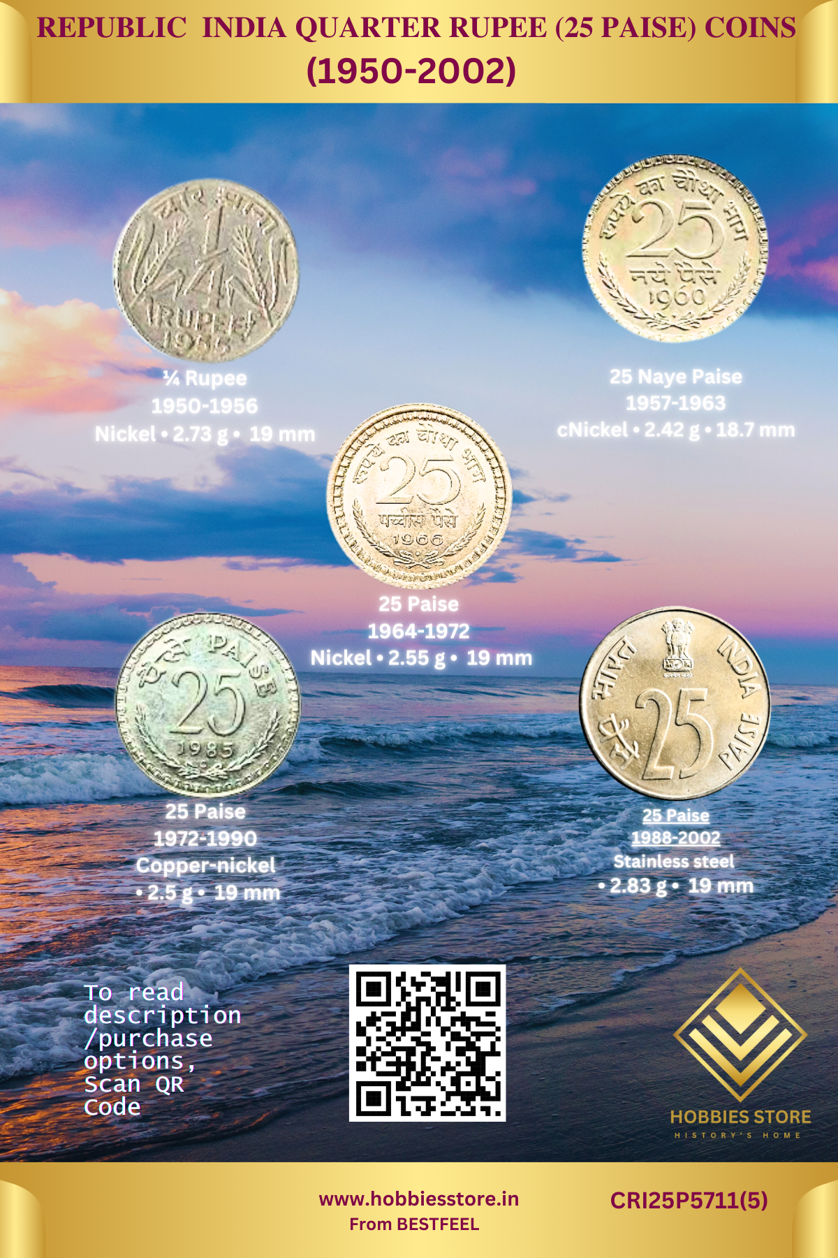 Republic India Twenty Five Paise Coins (1950-2011) (Non-returnable)