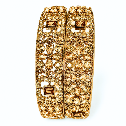 Elegant Gold-Tone Floral Crystal Studded Wide Bangles for Women | Designer Ethnic Kada Pair | Wedding & Festive Fashion Jewellery