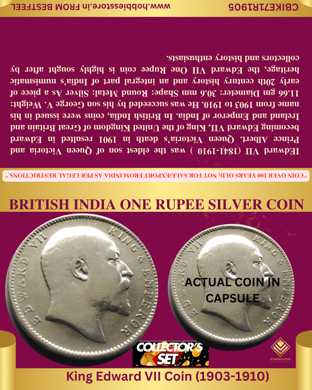 1905 KING EDWARD VII  1 RUPEE SILVER COIN COLLECTOR'S SET (Non-returnable)