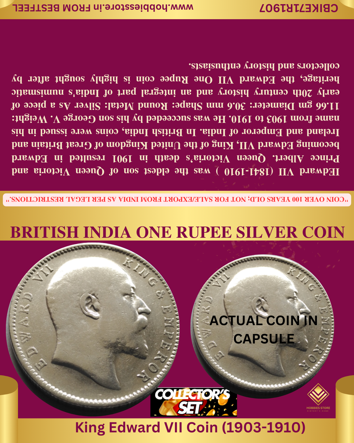 1907 KING EDWARD VII  1 RUPEE SILVER COIN COLLECTOR'S SET (Non-returnable)