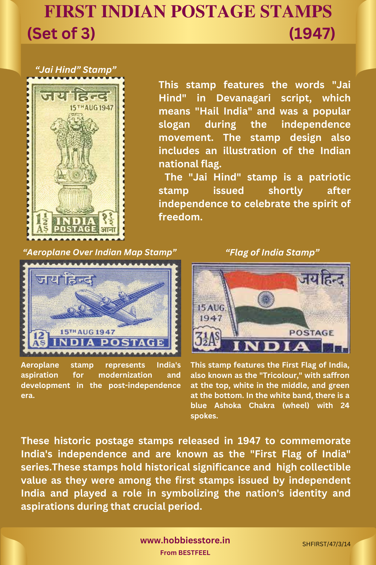 First Indian Postage Stamps (3) (1947) (Non-returnable)